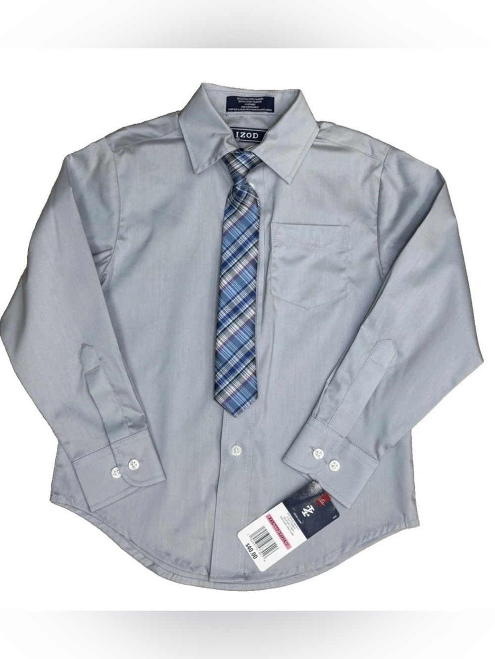 NEW Izod Boys Light Gray Stretch Dress Shirt
Blue Plaid Tie Long Slv Sz XXS 4/5